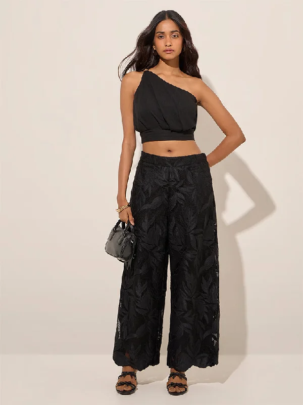 LOV Black Leaf Detailed High-Rise Lace Trousers Trousers fashionable chic