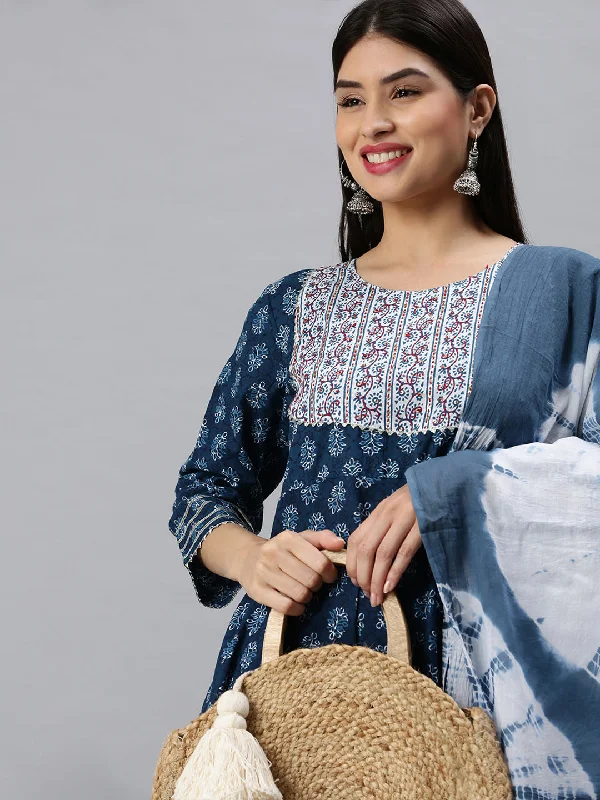 Women Anarkali Blue Printed Kurta and Trousers-RZ89-Blue Trousers Elastic Waist Soft Women Anarkali Blue Printed Kurta and Trousers-RZ89-Blue Trousers Elastic Waist Soft