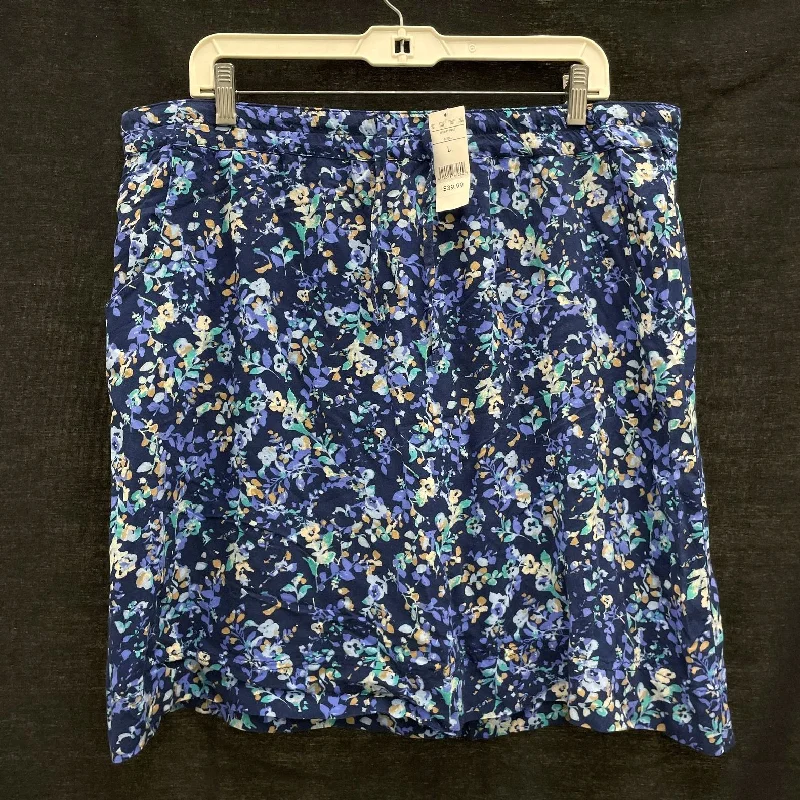 Wmns EDDIE BAUER 100% Rayon Blue Floral Drawstring Casual Knee Length Skirt Sz L silk skirt lustrous