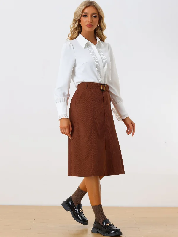 High Waist Elastic Back A-Line Belted Corduroy Pockets Midi Skirt cotton skirt soft