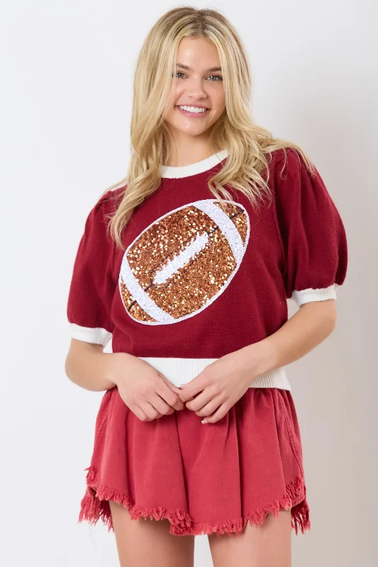 PE Sequin Football Puff Sleeve Sweater Top Chenille Brocade Lace