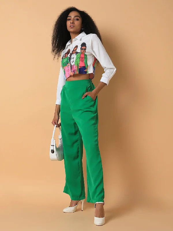 Women Flat Front Solid Green Trousers-2572-Green Trousers Prom Sequined