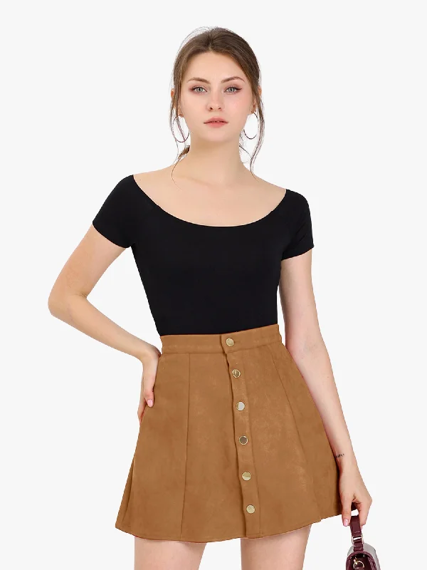Faux Suede Button Closure A-Line High Waisted Short Skirt denim skirt durable