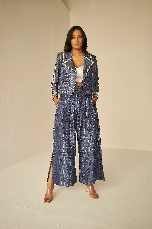 Embroidered Blue Biker Jacket In Shibori With Palazzo Pants Set Wool Fabric Cashmere Fabric Tweed Fabric