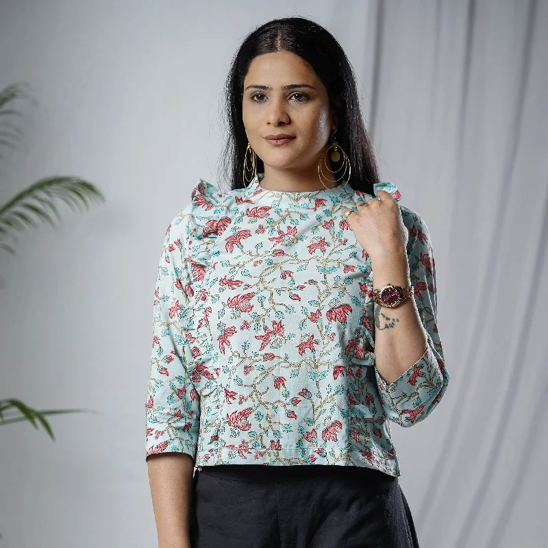 Sky Blue - Sanganeri Hand Block Prints Full Sleeve Cotton Crop Top Casual Formal Business Sky Blue - Sanganeri Hand Block Prints Full Sleeve Cotton Crop Top Casual Formal Business