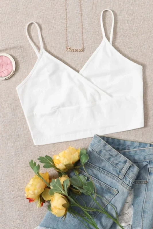 Wrap Neck Crop Top White Mesh Blend Leather Blend Suede Blend