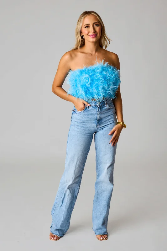 Fancy Strapless Feather Crop Top - Azure Blue Notch Collar Peter Pan Collar Cowl Neck