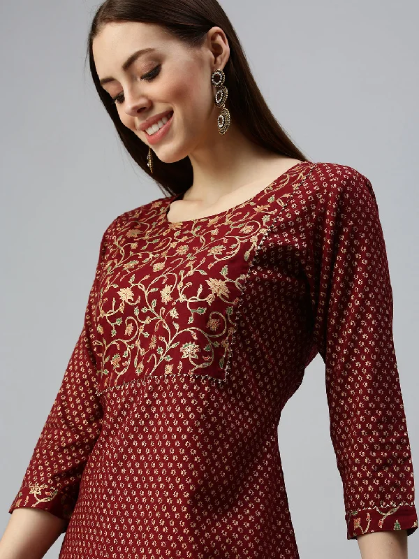 Women Straight Maroon Printed Kurta and Trousers-RF1307-Maroon Trousers Bootcut Casual