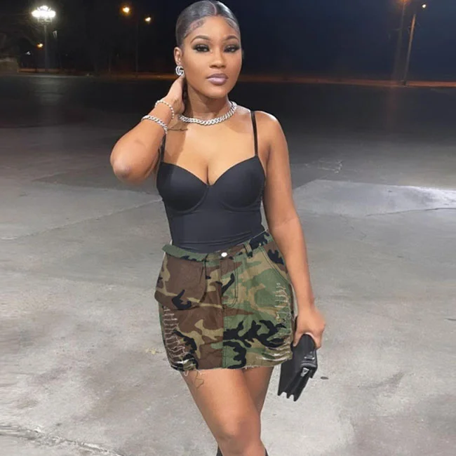 Women Fashion Camouflage Short Cut Bag Hip Skirt leather skirt bold