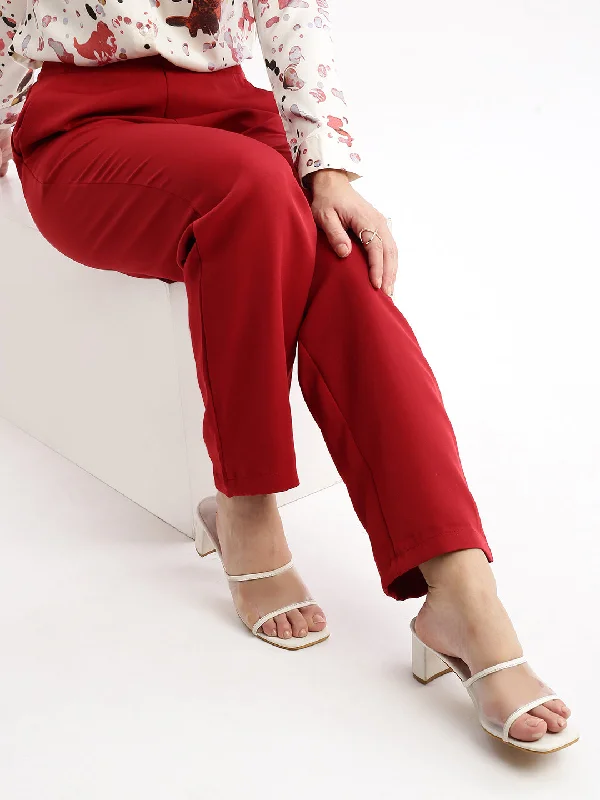 Women Flat Front Solid Maroon Formal Trousers-AE-10917-Maroon Trousers Wedding White