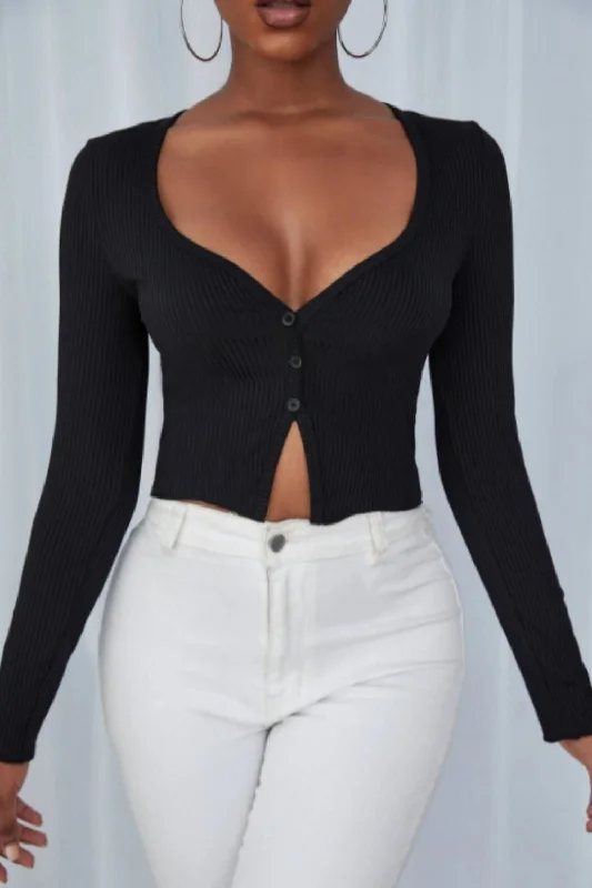 Ribbed Knit Button Front Crop Top Cozy Warm Stylish