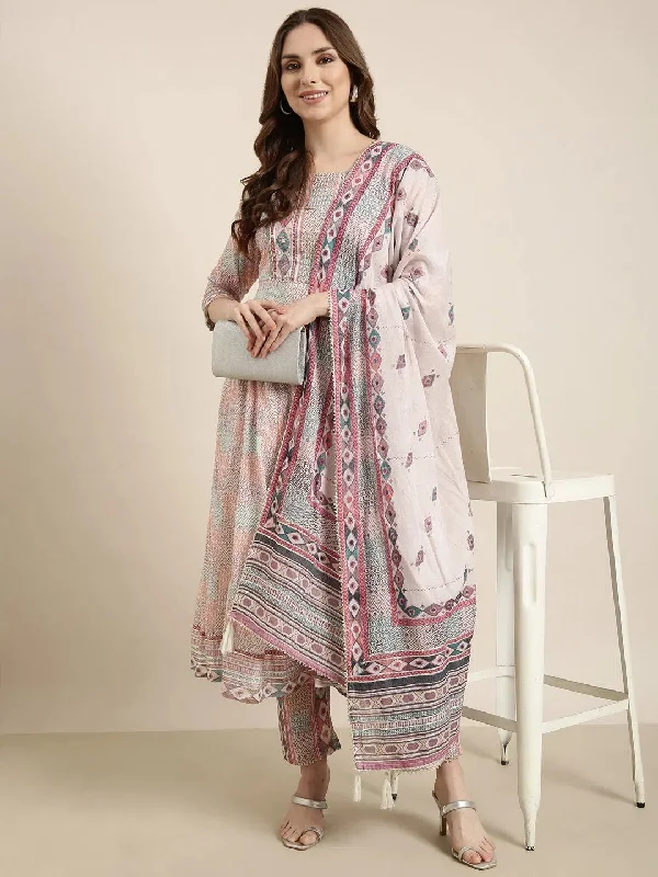 Women Anarkali Multi Geometric Kurta and Trousers Set Comes With Dupatta-UB-2860-Multi Trousers practical easy-care