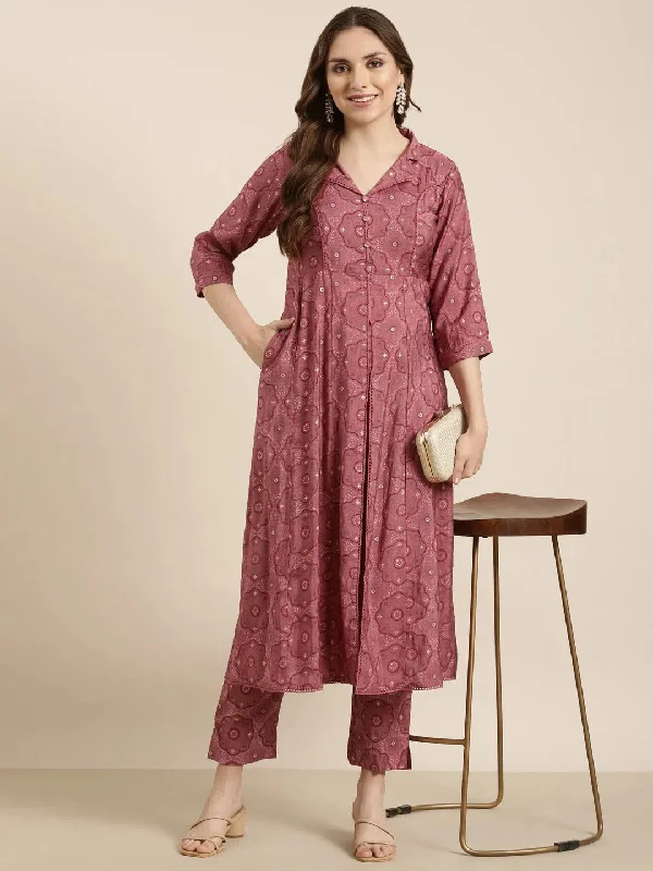 Women A-Line Pink Ethnic Motifs Kurta and Trousers Set-RJF-048-Pink Trousers cozy comfortable Women A-Line Pink Ethnic Motifs Kurta and Trousers Set-RJF-048-Pink Trousers cozy comfortable