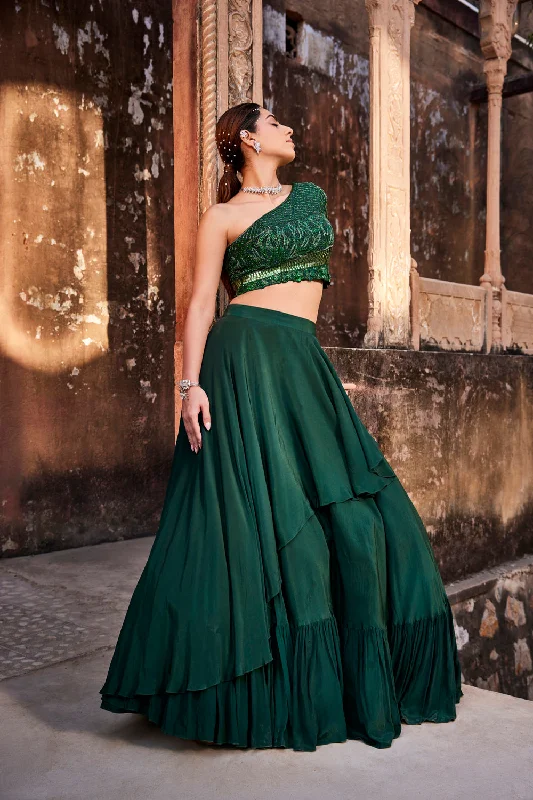 Green One Shoulder Top And Skirt wool skirt breathable