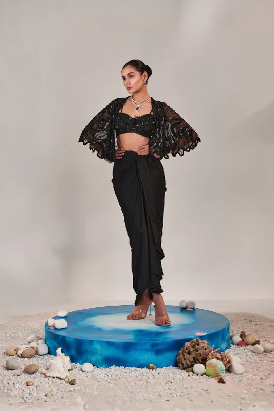 Hand Embroidered Scallop Short Cape; Asymmetric Drape Slit Skirt; Broad Asymmetric Waistbelt high slit skirt Hand Embroidered Scallop Short Cape; Asymmetric Drape Slit Skirt; Broad Asymmetric Waistbelt high slit skirt