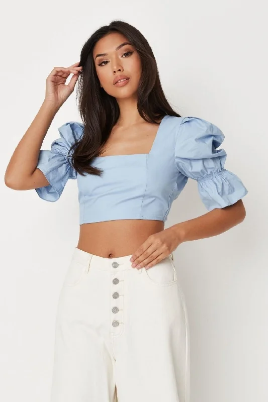 Blue Miilkmaid Sleeve Open Back Poplin Crop Top Knit Fabric Woven Fabric Fleece Fabric
