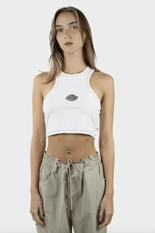 DICKIES LOGO RACER FRONT CROP TANK - WHITE teal tank top