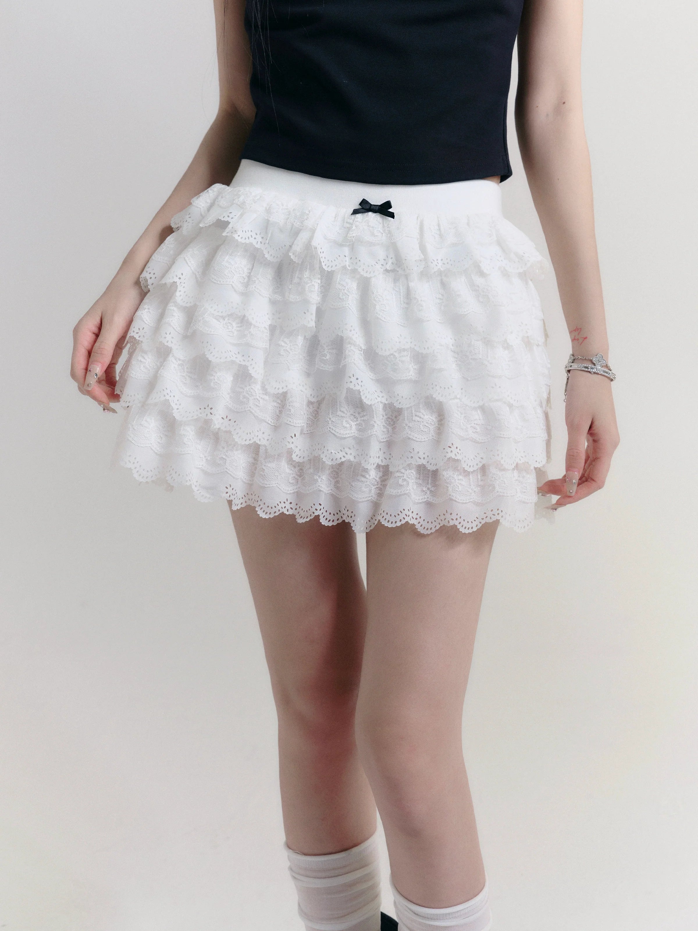 Angelic Tiers Mini Skirt: White Lace Ruffle Layers with Bow Accent silk skirt elegant