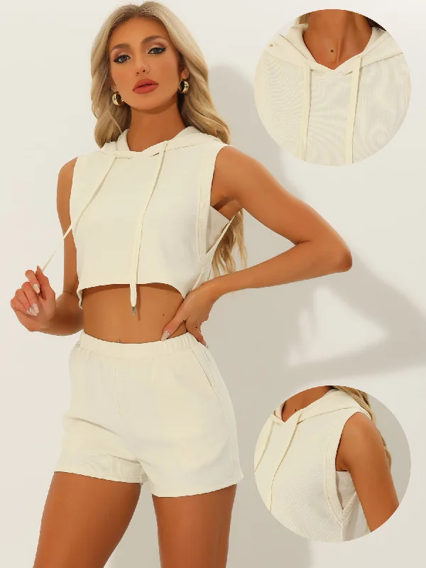 2 Pieces Outfits Hoodie Sleeveless Cropped Top High Waisted Shorts Tracksuit Sets Hoodie with Distressed Vintage Worn