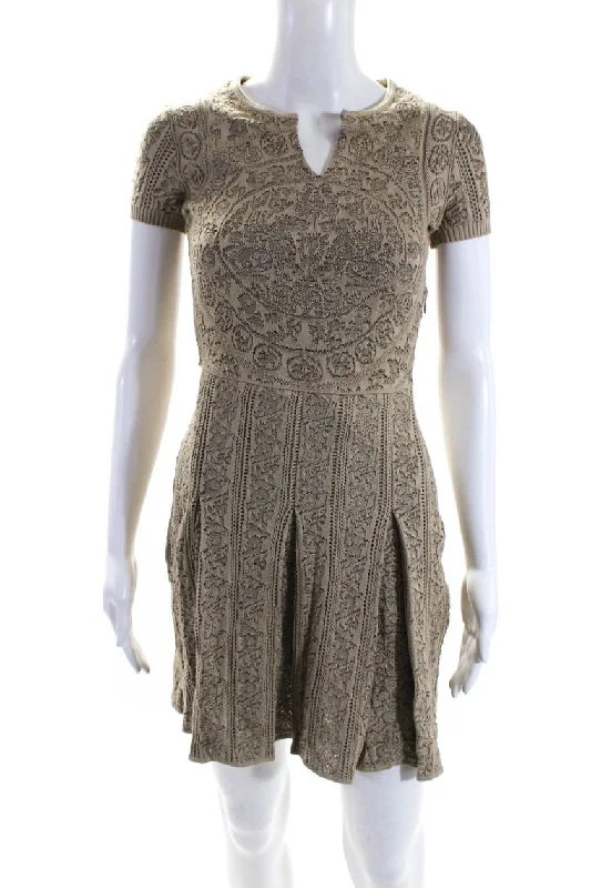 Valentino Womens Short Sleeve V Neck Knee Length Knit Dress Brown
