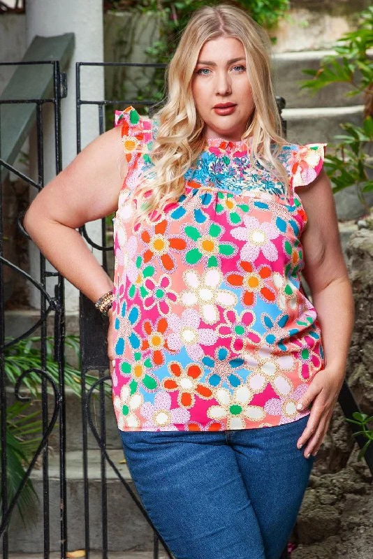 Blue Zone Planet |  Plus Size Floral Ruffle Shoulder Tank bronze tank top