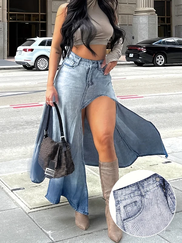 Stylish High-Waist Maxi Denim Skirt - Asymmetrical Split, Ombre Washed, Street Style Urban Fashion, Comfortable and Flattering Silhouette - Perfect for Casual Daily Wear, Outdoor Activities, and Fashion Statements lace skirt intricate Stylish High-Waist Maxi Denim Skirt - Asymmetrical Split, Ombre Washed, Street Style Urban Fashion, Comfortable and Flattering Silhouette - Perfect for Casual Daily Wear, Outdoor Activities, and Fashion Statements lace skirt intricate