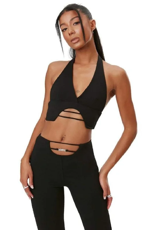Why So Simple Black Plunge Neckline Crop Top Collared Crop Top Boat Neck A-Line