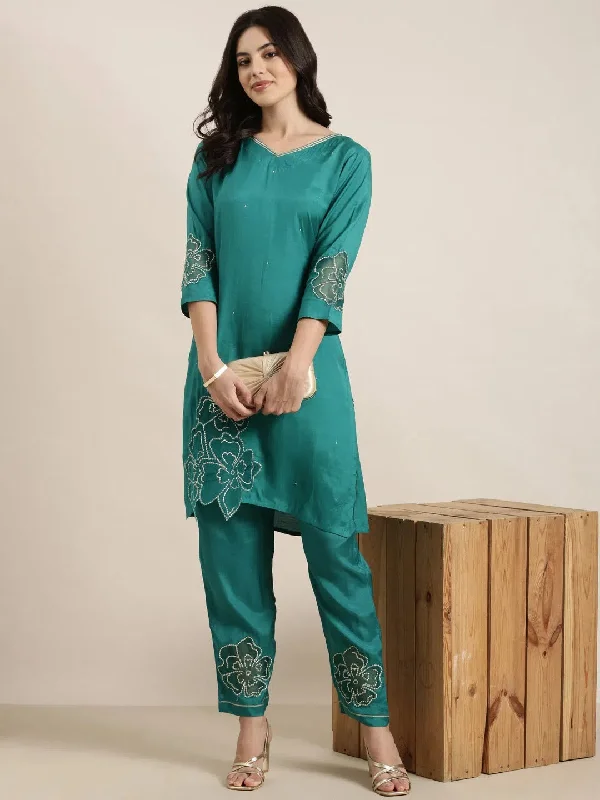 Women Straight Green Floral Kurti and Trousers Set-UB-3166-Green Trousers Mesh Breathable Women Straight Green Floral Kurti and Trousers Set-UB-3166-Green Trousers Mesh Breathable