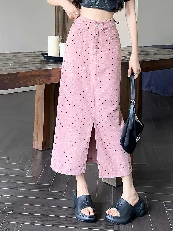 Pinkish Polka Dots High Waist Denim Skirt Women's Summer Fashion Design Split Hem Midi Denim Skirt leather skirt bold Pinkish Polka Dots High Waist Denim Skirt Women's Summer Fashion Design Split Hem Midi Denim Skirt leather skirt bold