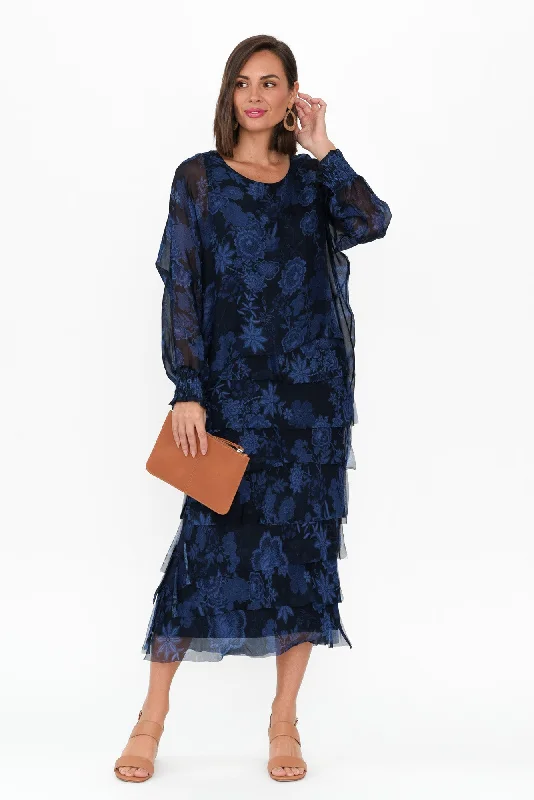 Eloria Navy Floral Silk Layer Dress