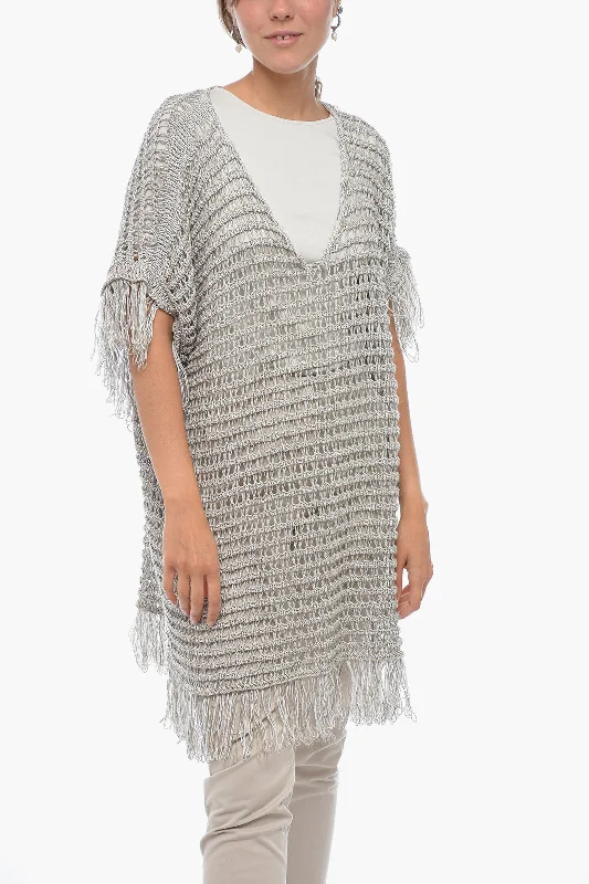 Fabiana Filippi Short-sleeved Flax Blend Crochet Sweater with Fringes M Standard size Boxy Sweater Fitted Sweater A-Line Fabiana Filippi Short-sleeved Flax Blend Crochet Sweater with Fringes M Standard size Boxy Sweater Fitted Sweater A-Line