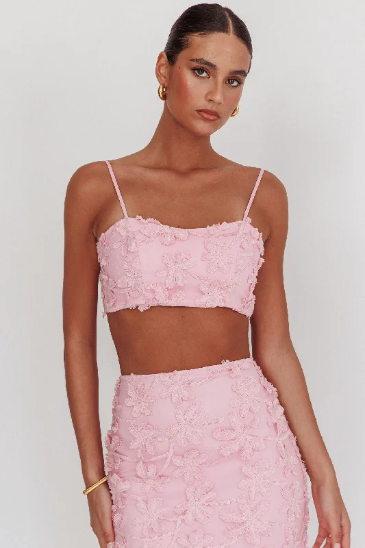Casi Tied Back Crop Top Embroidered Baby Pink Print Jacquard Patchwork