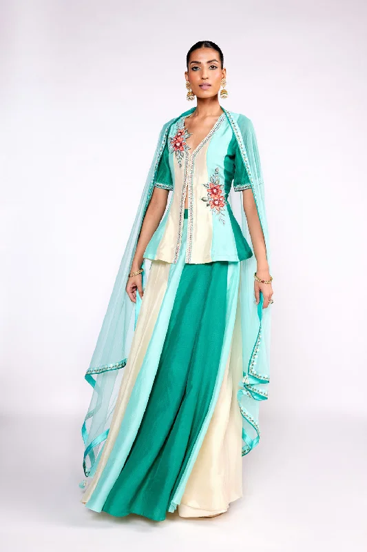 Aqua Green Color Block Peplum Skirt Set chiffon skirt airy