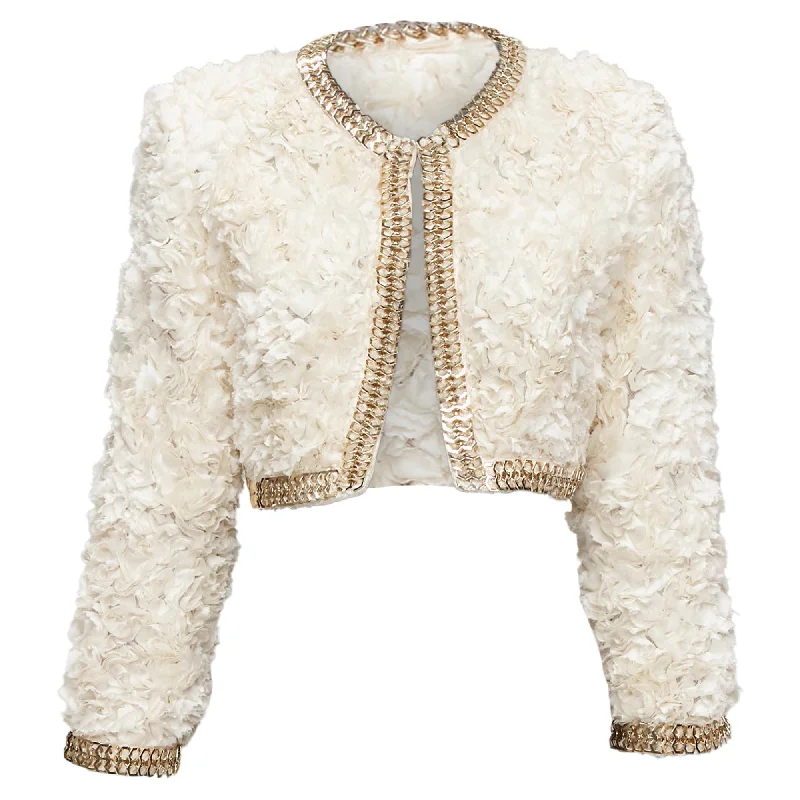 Givenchy Silk Applique Ruffle Gold Brass Chain Cropped Jacket Cardigan Sweater Pullover Givenchy Silk Applique Ruffle Gold Brass Chain Cropped Jacket Cardigan Sweater Pullover