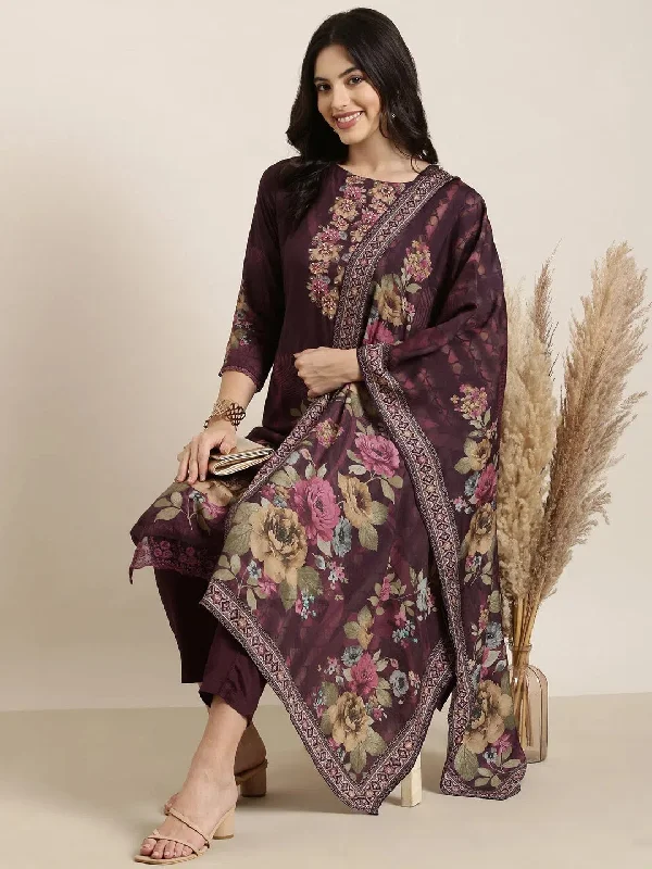 Women Straight Purple Floral Kurta and Trousers Set Comes With Dupatta-BC-SK-1961-Purple Trousers sophisticated sleek Women Straight Purple Floral Kurta and Trousers Set Comes With Dupatta-BC-SK-1961-Purple Trousers sophisticated sleek