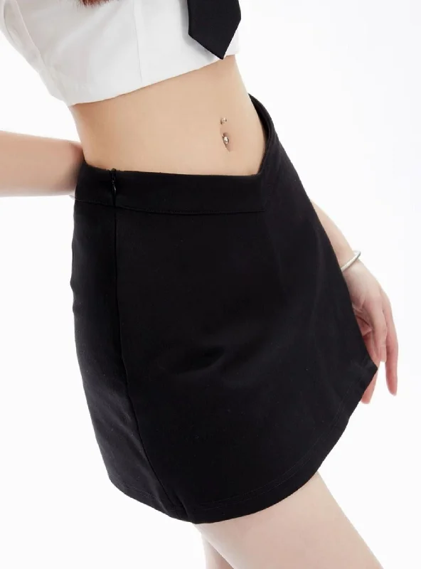 Waist V-shaped Wrapped Split A-line Short Skirt leather skirt refined