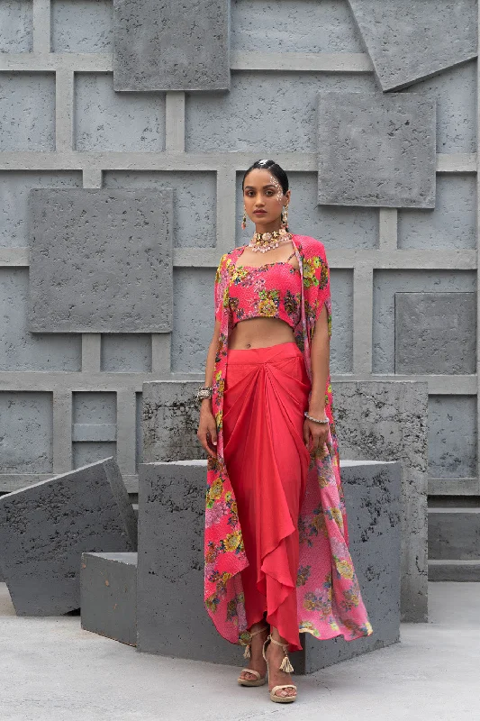 Raspberry Printed Cape With Skirt And Inner tiered skirt playful