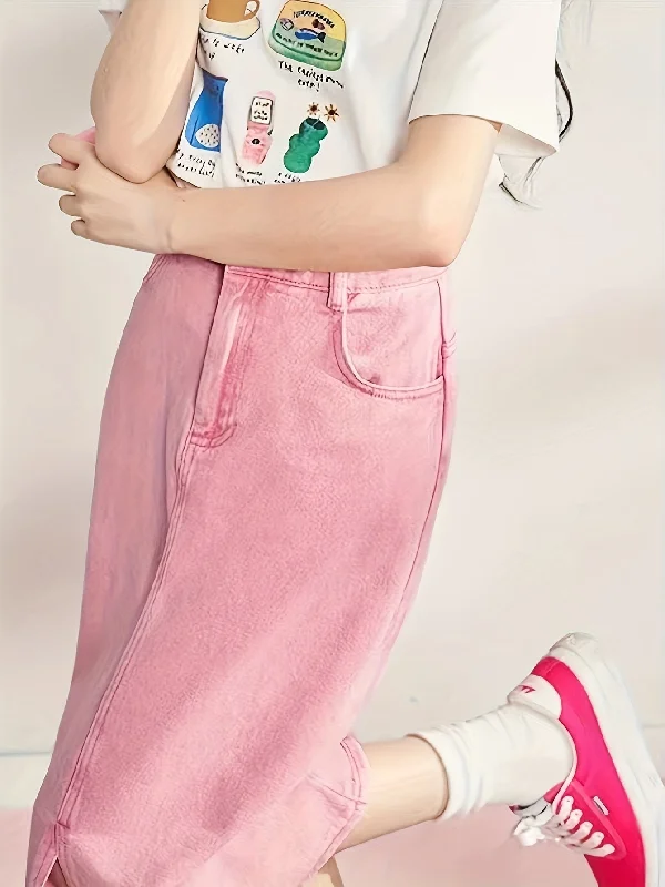 Stylish Pastel Pink Denim Midi Skirt - Women Denim Skirts with Pockets, Versatile Solid Color, Cute Casual Fashion, Elegant Plain Design, Flattering A-Line Silhouette, and Comfortable Wear lace skirt romantic Stylish Pastel Pink Denim Midi Skirt - Women Denim Skirts with Pockets, Versatile Solid Color, Cute Casual Fashion, Elegant Plain Design, Flattering A-Line Silhouette, and Comfortable Wear lace skirt romantic
