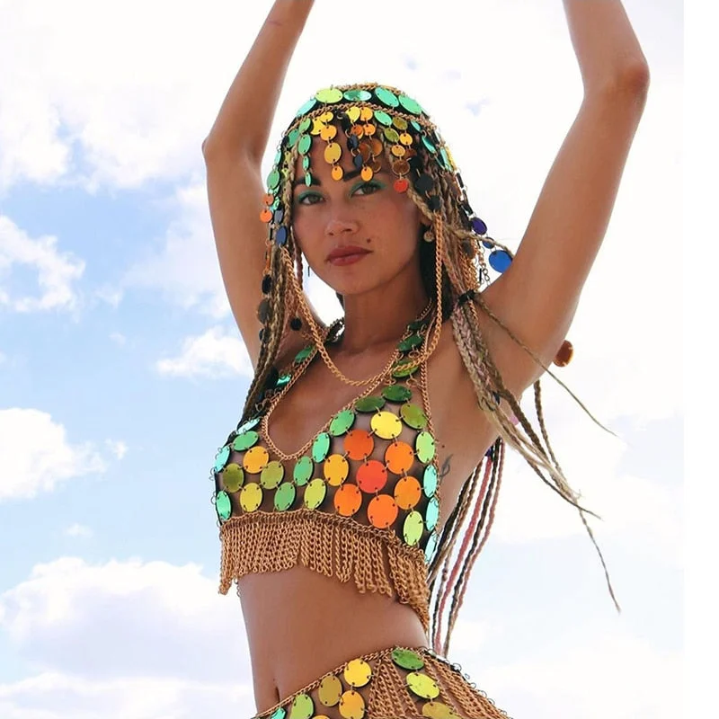 Circle Sequins Backless Camis - Metal Chain Crop Top and Skirt - Rave Festival Doof Ribbed Striped Patterned