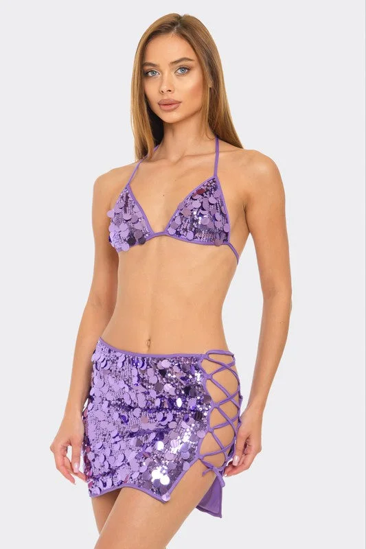 Bear Dance Purple Sequin Bikini Top and Mini Skirt Set linen skirt light