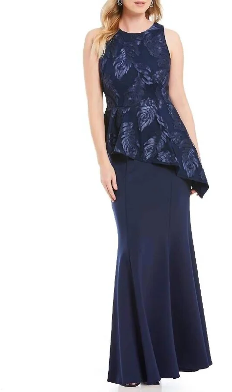 Embroidered Peplum Evening Dress In Blue