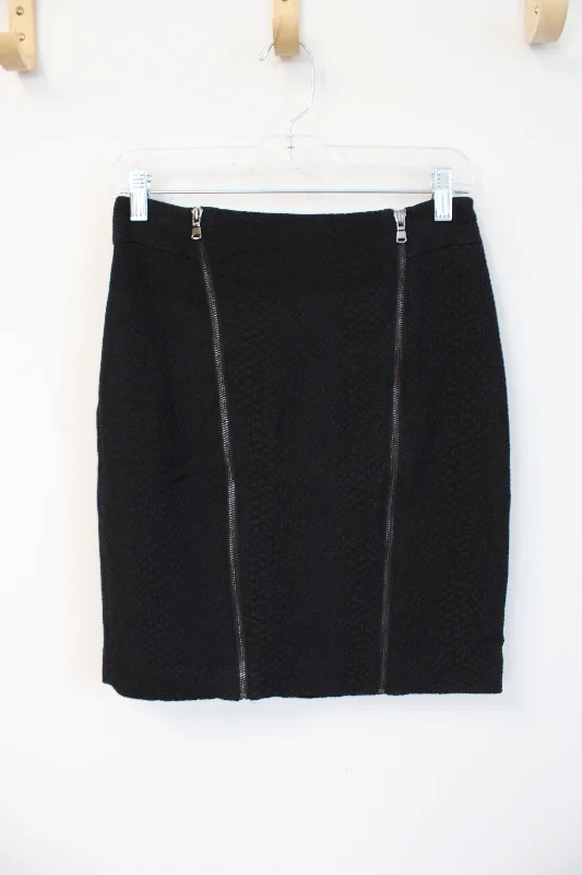 Ann Taylor Black Textured Double Front Zipper Pencil Skirt | 2 satin skirt smooth