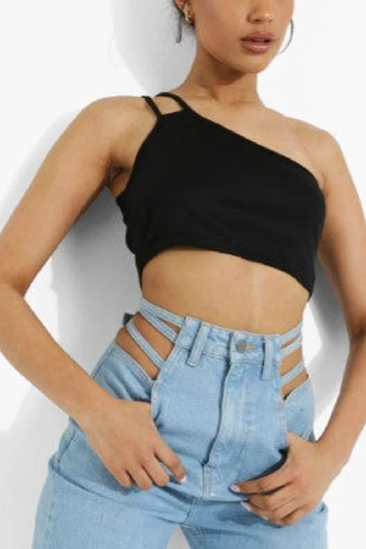 Black One Shoulder Rib Crop Top Print Jacquard Patchwork