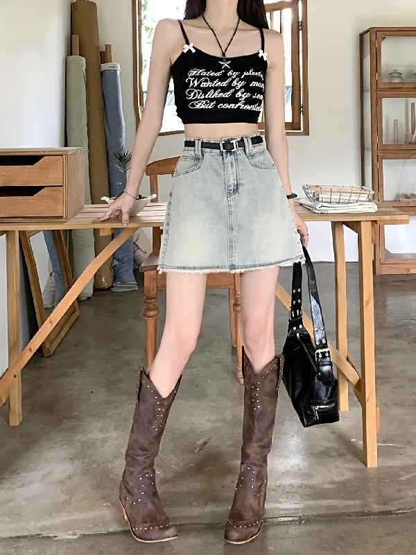 Raw Trim Vintage Denim Skirts, A-line High Waist Sexy Casual Denim Skirt With Pocket, Women's Denim Clothing leather skirt modern Raw Trim Vintage Denim Skirts, A-line High Waist Sexy Casual Denim Skirt With Pocket, Women's Denim Clothing leather skirt modern