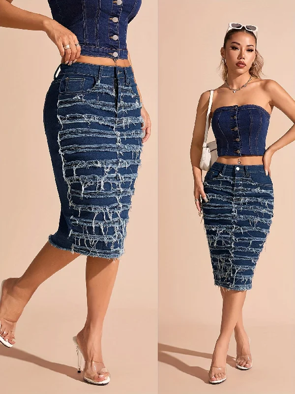 Midi Length Women's High Stretch Denim Pencil Skirt - Frayed Hem, Button Detail, Solid Color, Regular Fit, Mid Waist, Woven Fabric, Perfect for Spring/Summer/Fall floral skirt print