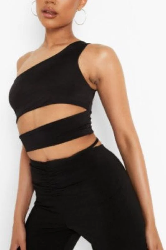 Black Double Layer Slinky One Shoulder Crop Top Welt Pockets Slit Pockets Flap Pockets