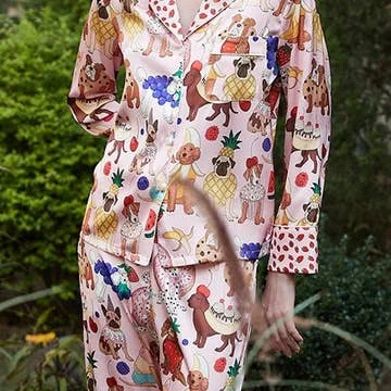 Rosa Clothing Fruit Dressed Puppy Dessert Vibrant Print Pajama Set in Pink
