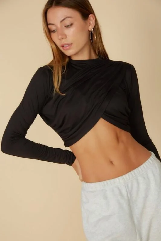 Black Close Neck Full Sleeve Crop Top Jersey Fabric Tulle Fabric Batik Fabric