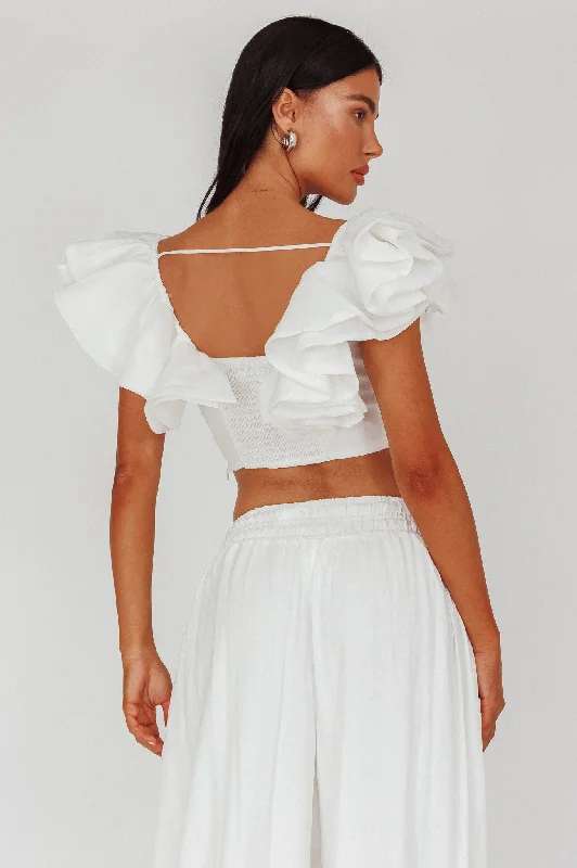 Zali Ruffle Sleeve Crop Top White Front Pockets Side Pockets Patch Pockets