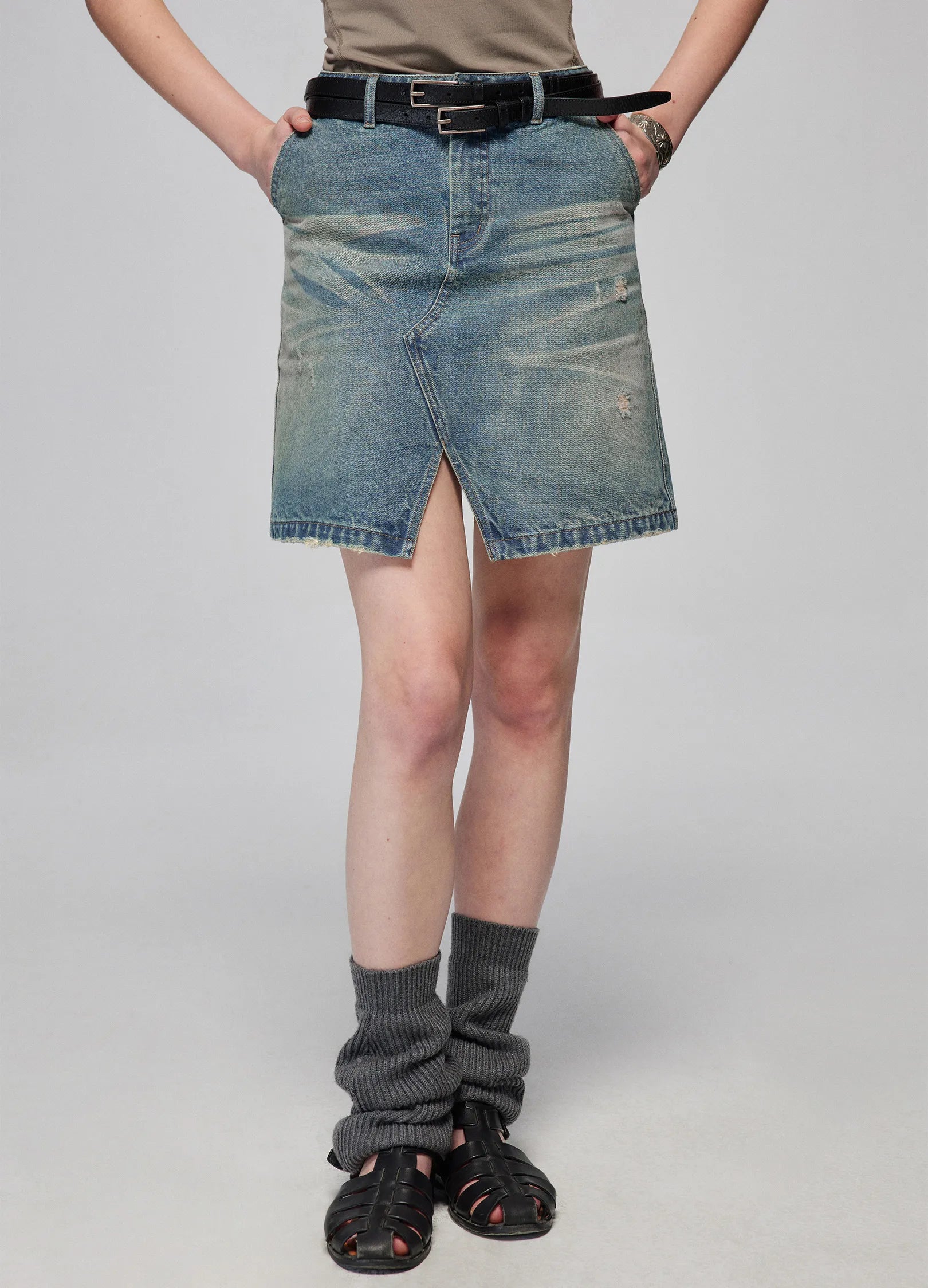 Slit Cut Denim Miniskirt mini skirt trendy